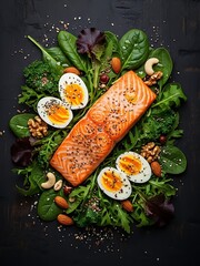 Grilled salmon fillet on mixed greens salad