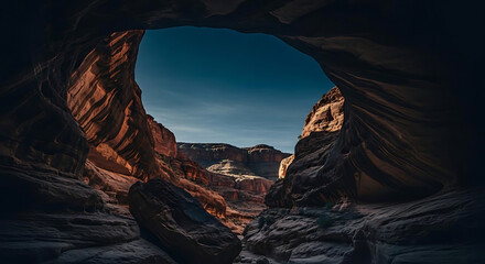 Natural archway in rocky canyon landscape with blue sky Ai Generated