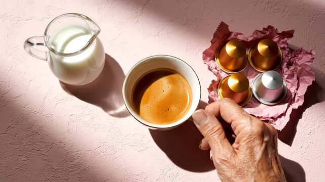 Close-up of a hand selecting coffee capsules for an espresso machine, with a cup of coffee and milk on a pink table. Emphasizes daily ritual, convenient preparation, quality hot drink, and cozy...