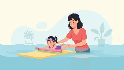 An adult teaches a young girl to swim using a kickboard and pool noodles in a calm pool