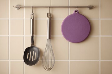 A collection of essential kitchen utensils hangs neatly on a sleek stainless steel rack against a neutral beige tiled wall. The display features a dark slotted spoon, a classic wire whisk, and a vibra