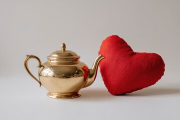 A luxurious golden teapot with a classic design stands elegantly beside a soft, textured red heart object against a clean, minimalist light background. This inviting still life composition evokes feel