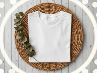 Folded white t-shirt in wicker basket with eucalyptus leaves