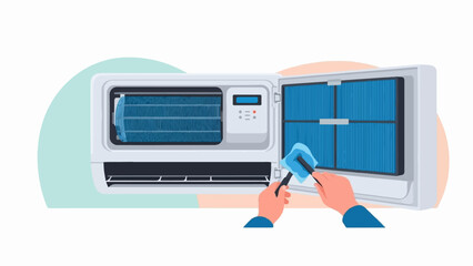 Hands cleaning an open air conditioning unit filter with a brush, ensuring fresh air quality