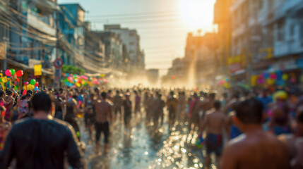 Fototapeta premium Blurred perspective of crowded Songkran water festival with people splashing water in Bangkok street during summer sunset