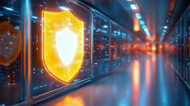 Cyber Security Shield: Illustrating the essence of cyber protection within a futuristic server room. A radiant, digital shield logo emanates, symbolizing data security in a cutting-edge environment.