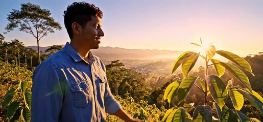 Young Man Enjoying Sunrise Over Lush Forest to Celebrate Earth Day and Environmental Conservation