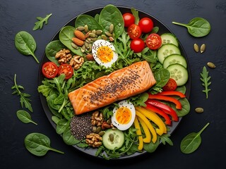 Salmon fillet with vegetables and eggs on plate