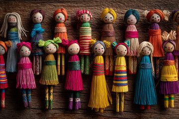 A collection of vibrant "worry dolls" (mu�ecas quitapenas), neatly arranged on a wooden surface, symbolizing local folklore.
