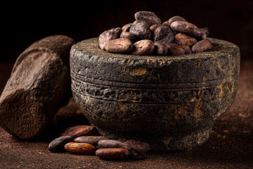 A generic display of traditional Mayan chocolate (raw cacao beans, grinding stone), symbolizing ancient preparation.