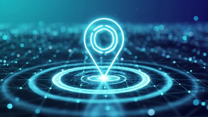 Glowing location pin on digital network background with circuit connections. Gps navigation and geolocation technology concept representing tracking, mapping, route finding and destination services in - Powered by Adobe