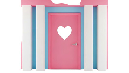 Pink door with heart cutout and pastel blue and white accents