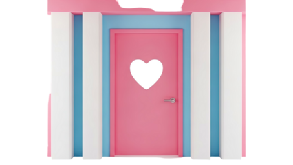 Pink door with heart cutout and pastel blue and white accents