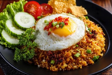 A delectable plate of savory fried rice, artfully topped with a perfectly cooked sunny-side-up egg, garnished with vibrant red chili and fresh green onions. Fresh green lettuce, crisp cucumber, and ri