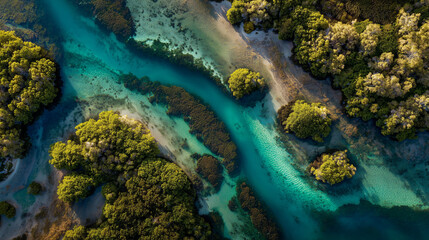 Aerial view of a vibrant turquoise river winding through lush green mangrove forests and sandy shores, showcasing the beauty of nature.