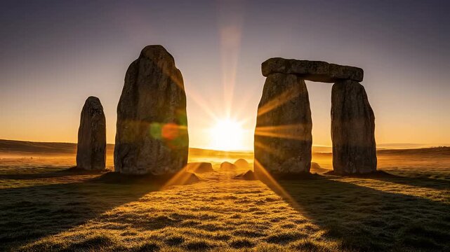Spring Equinox time-lapse with sun rising between ancient standing stones megaliths