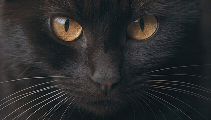 Close-up of a black cat's face with striking yellow eyes and whiskers
