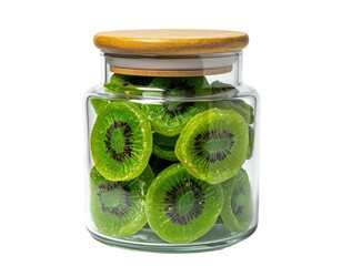 Kiwi slices in glass jar with wooden lid, bright lighting