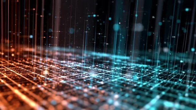 Abstract futuristic digital matrix with vibrant orange and cyan glittering light effects