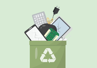 Electronic Waste Recycling Bin with Broken Devices. E-waste disposal. Corporate e-waste strategy. Responsible e-waste disposal. Flat style. Vector illustration