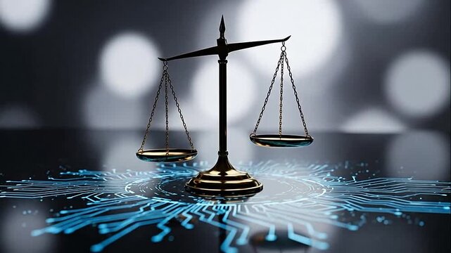 Scales of Justice on Digital Circuit Board Representing Law and Technology Integration