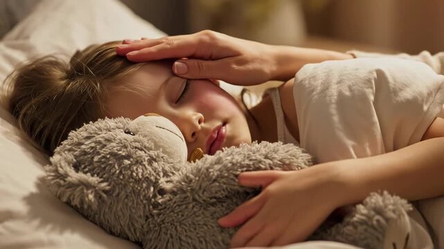 Tender moment of a mother caring for her sick child while holding a teddy bear in a cozy bedroom setting