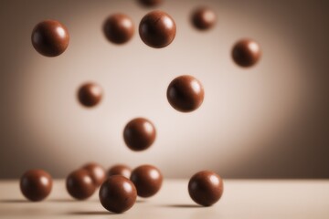 Floating chocolate spheres midair showcase velvety coating soft spotlight product photography indulgent dessert mood glossy highlights studio shot for gourmet branding