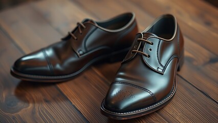 Handcrafted leather shoes showcased on a wooden surface with detailed textures.