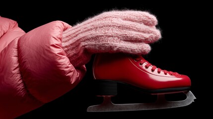 Close-up of a pink-gloved hand holding a red ice skate, symbolizing winter sports and fashion in cold weather.