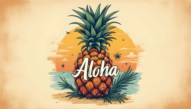 Pineapple with Aloha text in front of sunset scene near water with palm trees in the background Generative AI