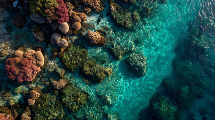 Obraz premium Aerial view of a vibrant coral reef teeming with life, showcasing diverse colors and textures under clear turquoise water.