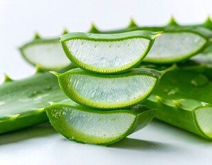 A close-up view of stacked green aloe vera slices with spiky skin