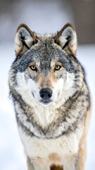 Fototapeta premium A gray wolf with piercing yellow eyes stands in a snowy landscape, showcasing its thick fur