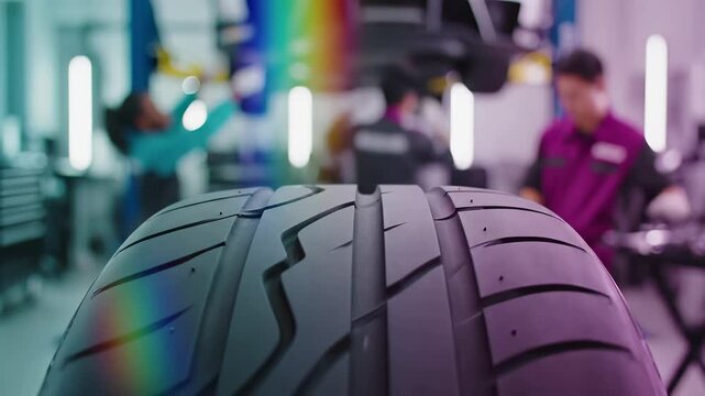 Automotive tire with detailed tread pattern in foreground of professional workshop or retail environment. Vehicle maintenance and repair service facility for wheel installation, replacement, care