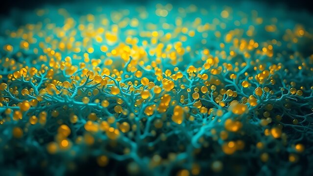 A macro view of an underwater microbial mat as a glowing, electric-blue mycelial network.