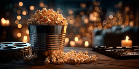 A warm, inviting scene featuring popcorn in a metal bucket, a vintage film reel, and candlelight ambiance.
