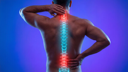 Man experiencing back pain and neck pain with glowing spine