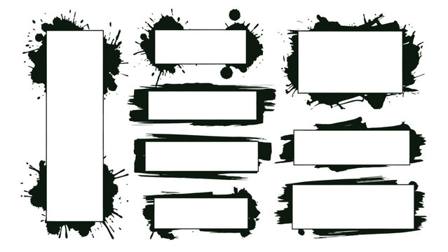 A colorful graphic design featuring paint splatters and blank text boxes