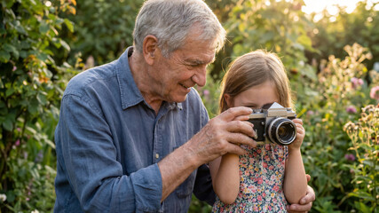 Grandfather teaching granddaughter photography in garden at sunset