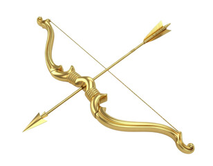 A stunning 3D render of an ornate golden bow and arrow, featuring intricate details and a polished metallic finish, set against a pristine white background with subtle reflections