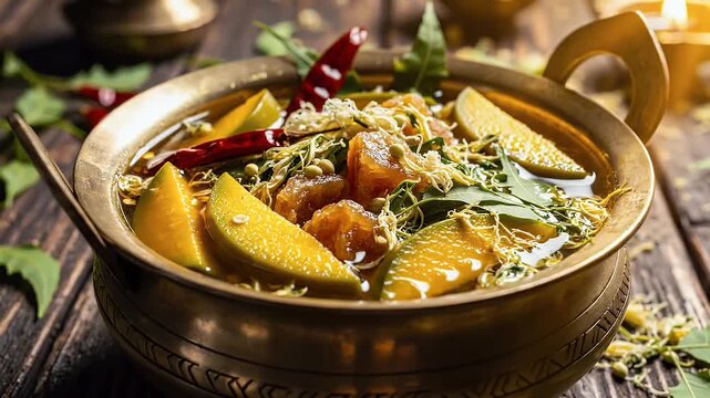 Ugadi festive food bowl of Pachadi with raw mango and neem flowers on wooden background