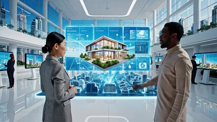 Two diverse professionals collaborate in a futuristic office using advanced holographic technology to visualize and discuss architectural designs and real estate projects showcasing innovation in urb. - Powered by Adobe