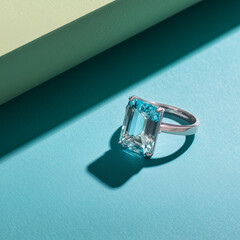 Luxury Emerald Cut Aquamarine Diamond Ring on Blue and Green Background