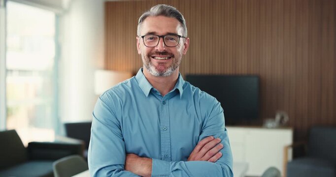 Reporter, face or man in office with arms crossed, experience or pride in media profession. Happy, portrait or mature journalist in agency with confidence, career or ambition in publishing industry.