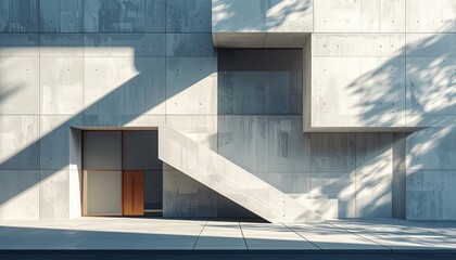 Fototapeta premium Modern Concrete Building With Staircase And Sunlight Shadows Contemporary Architecture Facade Outdoor Day