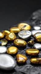 Glossy gold & silver pebbles on dark rock