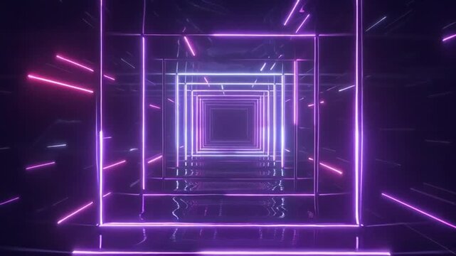 Neon portal abstract animation background, bright colors, tunnel effect with square shapes,