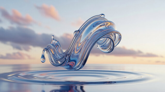 Abstract swirling liquid sculpture with reflections on water during a sunset