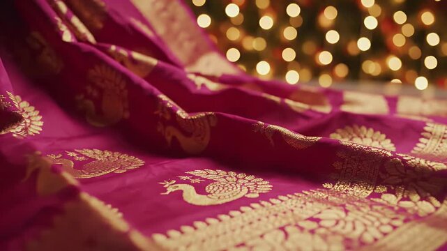 Ugadi background with waving Paithani silk saree fabric in rich gold and magenta