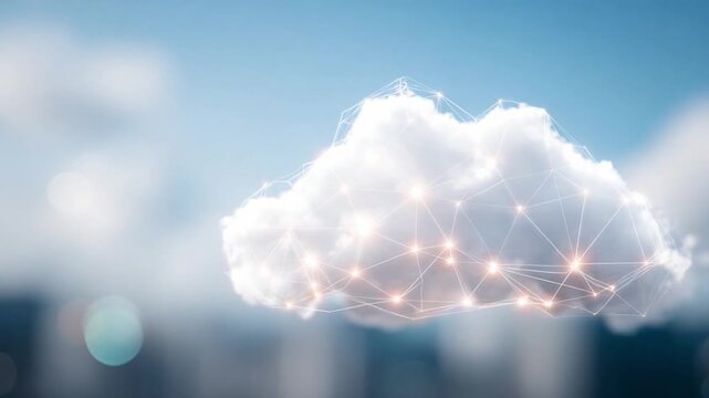 Cloud Network in the Sky: A luminous cloud shape is interwoven with a digital network, suspended against a bright sky.